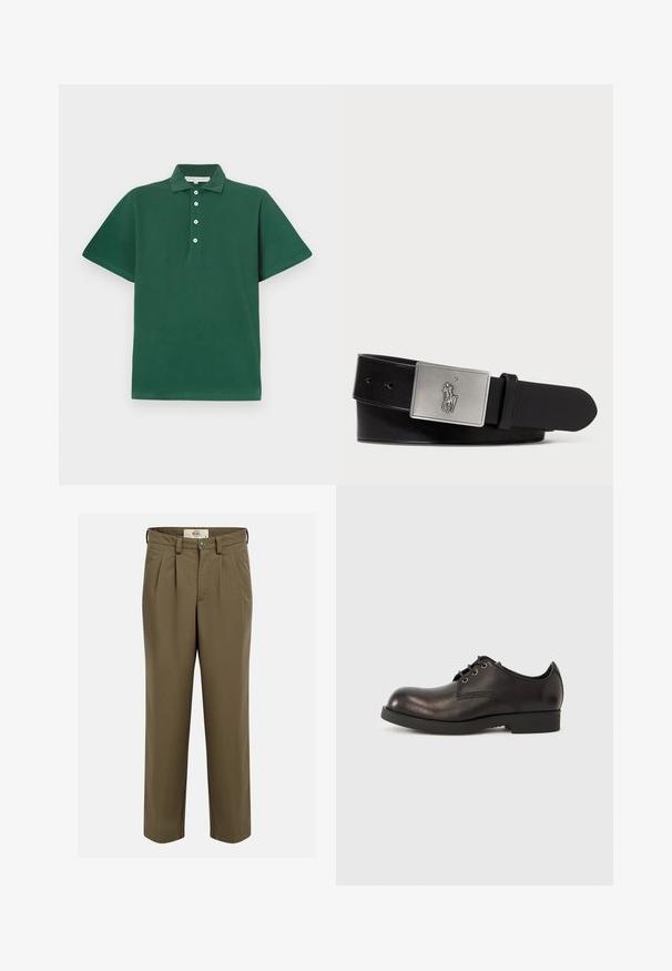 Dunkelgrünes Poloshirt aus Baumwolle, mit klassischem Kragen, kurzen Ärmeln und einer Knopfleiste mit vier weißen Knöpfen.; Olivgrüne plissierte Hose mit Knopf- und Reißverschluss, Gürtelschlaufen und Seitentaschen, vor einfachem Hintergrund präsentiert.; Schwarzer Lederschuh mit rundlicher Spitze, minimalen Nähten und niedrigem Gummisohle, mit schwarzen Schnürsenkeln befestigt.; Schwarzer Leder-Gürtel mit einer rechteckigen silbernen Metall-Schnalle, die ein geprägtes Reiter-Logo trägt, glatter Textur und fünf Gürtellöchern.
