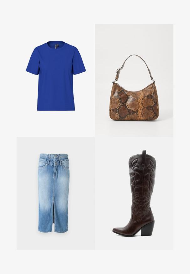 Ensfarvet kongeblå t-shirt med korte ærmer og rund halsudskæring, afslappet pasform med synlige tøjmærker inde i halsudskæringen.; Lyseblå denimnederdel med en frontslids, to-knap lukning, høj talje og standard fem-lomme design. Glat tekstur, mellemlang.; Høj mørkebrun læder cowboystøvle med syede dekorative mønstre, spids tå og stablet blokhæle.; Lille håndtaske med brun og sort slangeskinn mønster, kort justerbar rem og lynlåslukning.