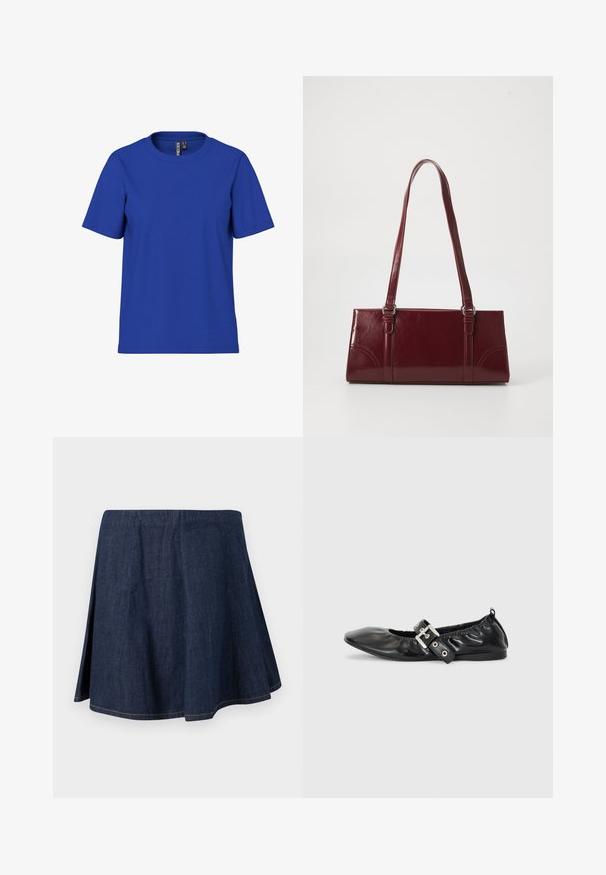 Camiseta sencilla azul royal de manga corta y cuello redondo, ajuste casual con etiquetas visibles en el interior del cuello.; Falda línea A de mezclilla azul oscuro con aberturas laterales y costuras visibles a lo largo del dobladillo y las costuras, mostrada sobre un fondo claro y liso.; Zapato plano de piel negra con puntera afilada, detalle fruncido alrededor de la abertura y un acento de hebilla plateada en la correa ajustable.; Bolso burdeos hecho de material brillante, de forma rectangular, con dos asas para el hombro y sutiles acentos curvados en la parte frontal.
