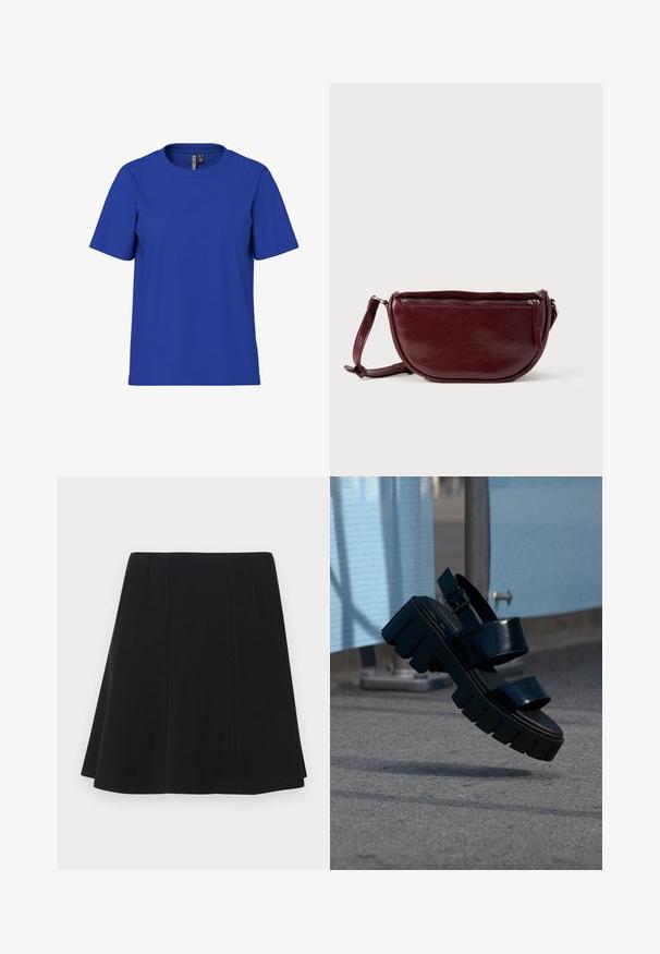Ensfarvet kongeblå t-shirt med korte ærmer og rund halsudskæring, afslappet pasform med synlige tøjmærker inde i halsudskæringen.; Sort udvidet nederdel lavet af bomuldsblanding, med diskrete plisseringer foran, en glat tekstur og uden synlige pyntedetaljer.; Sort chunky platformsandal med to remme og spænde, svævende midt i luften over grå fortov og blå stofbaggrund.; Vinrød læderhåndtaske med halvmåneform, lynlås og aftagelig rem. Glat tekstur med en subtil glans.