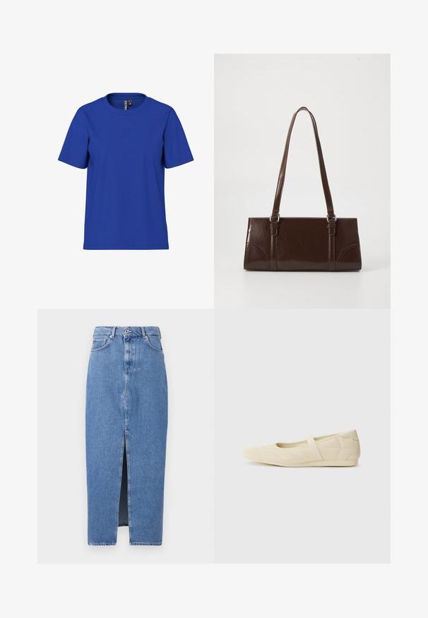 Effen koningsblauw T-shirt met korte mouwen en ronde hals, casual fit met zichtbare kledinglabels aan de binnenkant van de halslijn.; Lichtblauwe denim midi-jurk met een voorkant split, klassieke vijf zakken ontwerp en sluiting met bovenste knoop. De stof heeft een lichte textuur.; Beige ballerina's met een gladde leren buitenkant, amandelvormige punt en elastische band over de wreef, met subtiele stiksels.; Bruine lakleren handtas met een rechthoekige vorm, twee lange handvatten en subtiele gebogen accenten aan de voorkant.