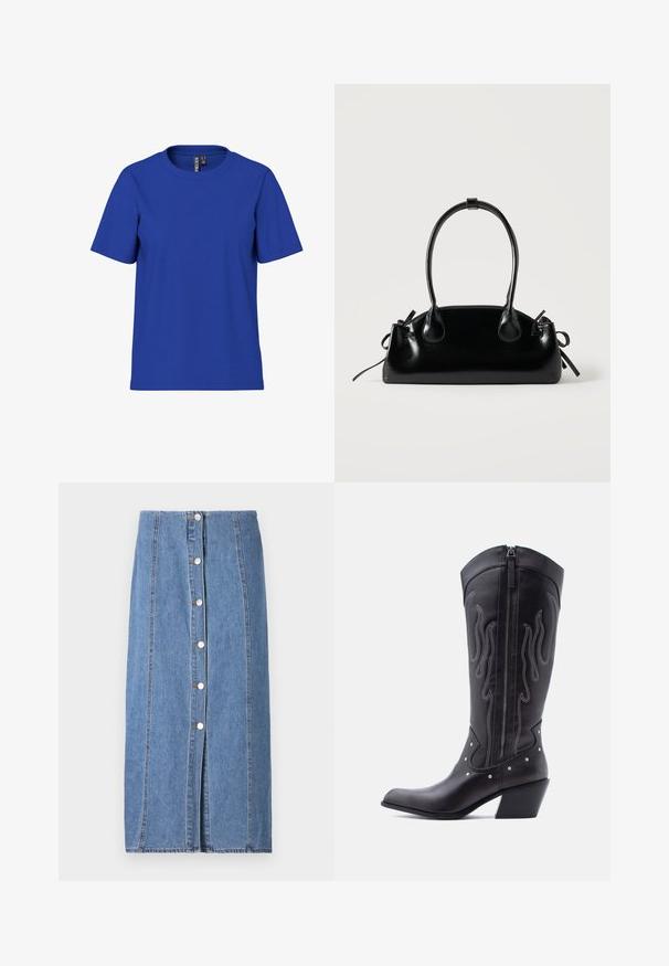 Ensfarvet kongeblå t-shirt med korte ærmer og rund halsudskæring, afslappet pasform med synlige tøjmærker inde i halsudskæringen.; Lysblå denimnederdel med lige silhuet. Har en frontlukning med knapper, lodret syning og rå kant forneden.; Sorte cowboystøvler i læder med spids tå, synlige sømme, sølvfarvede nitte-detaljer og lynlås på den indvendige side.; Lille sort blank håndtaske med to lange håndtag og snøre-detaljer i siden på en ensfarvet lys baggrund.