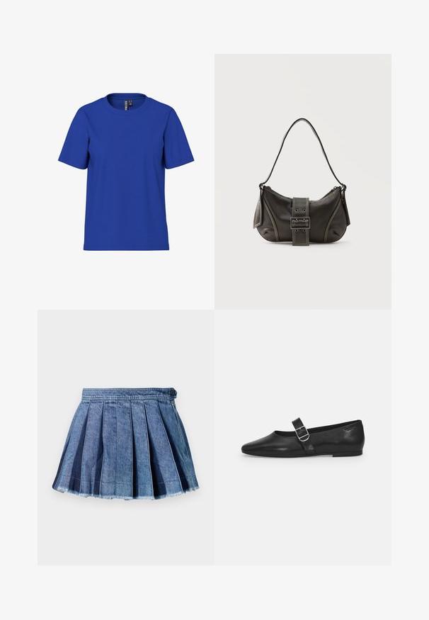 Effen koningsblauw T-shirt met korte mouwen en ronde hals, casual fit met zichtbare kledinglabels aan de binnenkant van de halslijn.; Blauwe denim geplooide minirok met een knoop- en zijritsluiting, met een rafelige zoomdetail.; Zwarte leren platte schoen met een ronde neus, een enkele verstelbare gespsluiting en een gladde, glanzende textuur. Minimalistisch ontwerp met een lage hak.; Zwarte leren schoudertas met gespsluiting aan de riem, afgeronde hoeken en contrasterende witte stiksels op een effen achtergrond.