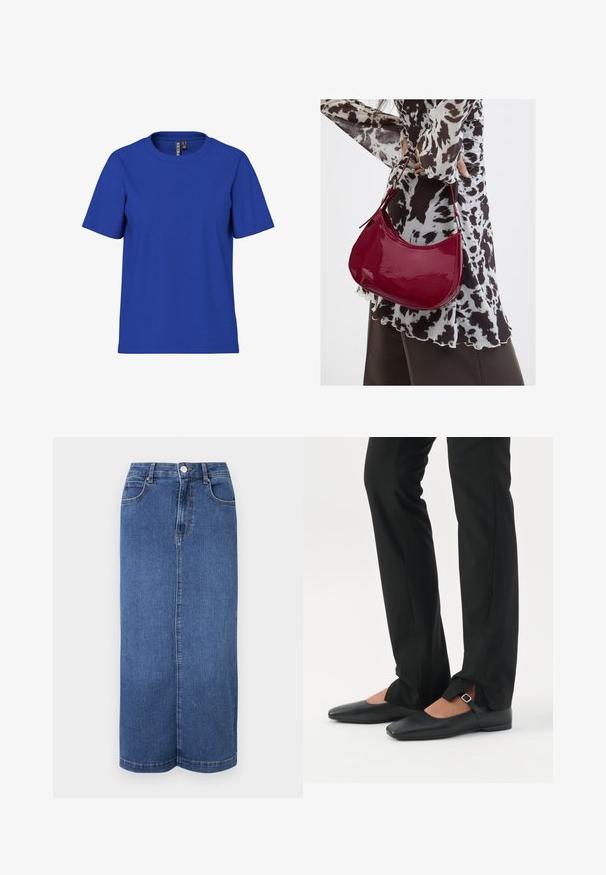 Schlichtes königsblaues T-Shirt mit kurzen Ärmeln und Rundhalsausschnitt, legere Passform mit sichtbaren Markenetiketten im inneren Nackenbereich.; Maxi-Rock aus Denim in Dunkelblau, mit geradem Schnitt, Bund mit Knopfverschluss und minimalistischen Nähten.; Beine in schwarzen schmalen Hosen mit vorderen Schlitzen am Saum, kombiniert mit schwarzen flachen Mary-Jane-Schuhen mit kleinem Schnallenriemen.; Frau trägt eine schwarz-weiß gemusterte Bluse und hält eine glänzende rote Schultertasche vor einem einfarbigen Hintergrund.