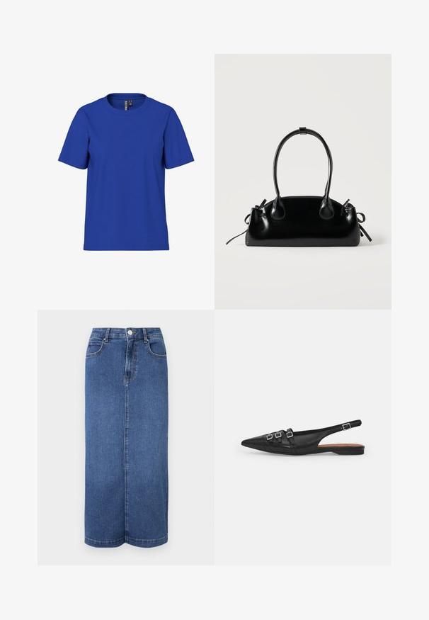 Ensfarvet kongeblå t-shirt med korte ærmer og rund halsudskæring, afslappet pasform med synlige tøjmærker inde i halsudskæringen.; Mørkeblå denim maxiskørt med lige snit, talje med knaplukning og minimale syninger.; Sort læderslyngeflad sko med spids tå, der har to vandrette stropper og firkantede sølvspænder, lav hæl og glat tekstur.; Lille sort blank håndtaske med to lange håndtag og snøre-detaljer i siden på en ensfarvet lys baggrund.