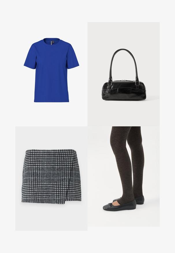 Effen koningsblauw T-shirt met korte mouwen en ronde hals, casual fit met zichtbare kledinglabels aan de binnenkant van de halslijn.; Wollen mini-jurk met een zwart-wit houndstooth patroon, rechte snit met een lichte asymmetrische zoom en textuurstof.; Benen met donkere geribbelde leggings gecombineerd met zwarte ballerina's met kleine strikdetails op een witte achtergrond.; Zwarte leren handtas met een rechthoekige vorm, voorzien van een enkele gestructureerde handgreep, zilveren hardware en ritsluiting. Gladde textuur.