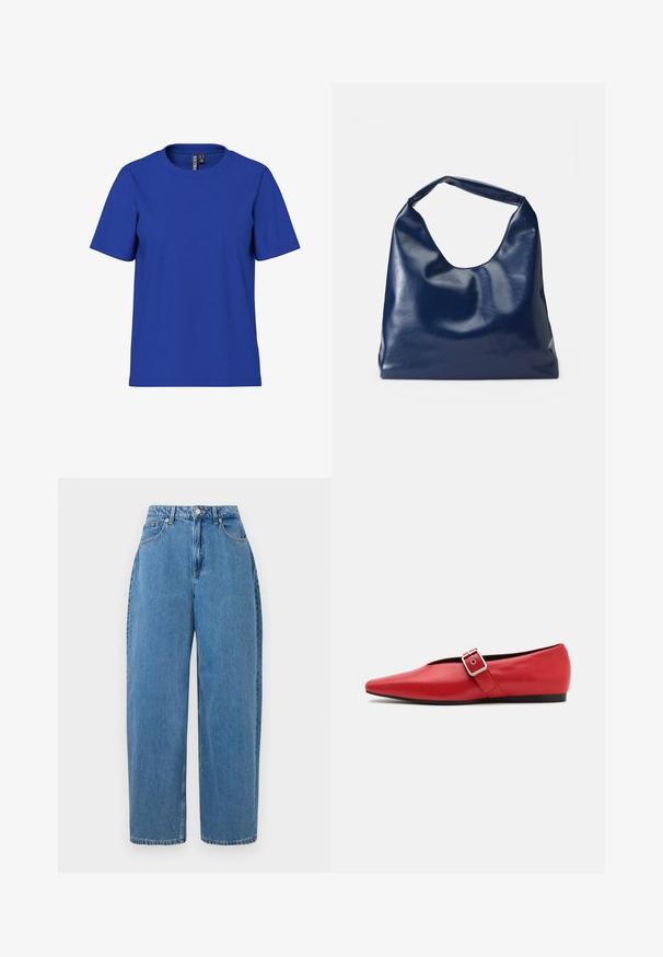 Lihtne kuninglik sinine lühikeste varrukatega ümberkaelusega t-särk, vabaaja lõige mis näitab särkide silte krae siseküljel.; Heledad denim püksid, sirge sääre lõikega, kõrge vöökoht ja eesmine nuppe sulgemine. Omab viit taskut ja minimaalseid õmblusdetailide.; Punane nahast lameda tallaga king, millel on terav nina, külje peal rihm metallklambriga ja madal must konts. Ühtlane sile tekstuur.; Tumedat sinine kunstnahast õlakott, millel on pehme ja läikiv tekstuur, ümar keha ning üks lai sang mugavaks kandmiseks.