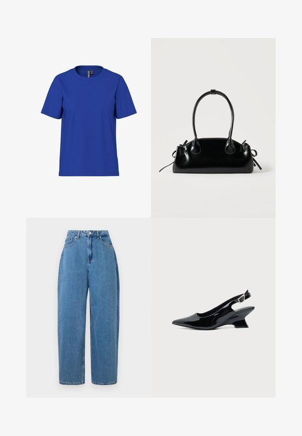 Ensfarvet kongeblå t-shirt med korte ærmer og rund halsudskæring, afslappet pasform med synlige tøjmærker inde i halsudskæringen.; Lyseblå denimbukser med lige ben, høj talje og lukning med frontknap. Har fem lommer og minimale syninger.; Sort laklæder slingback sko med spids tå og lav vinklet blokhæl på ensartet lys baggrund.; Lille sort blank håndtaske med to lange håndtag og snøre-detaljer i siden på en ensfarvet lys baggrund.