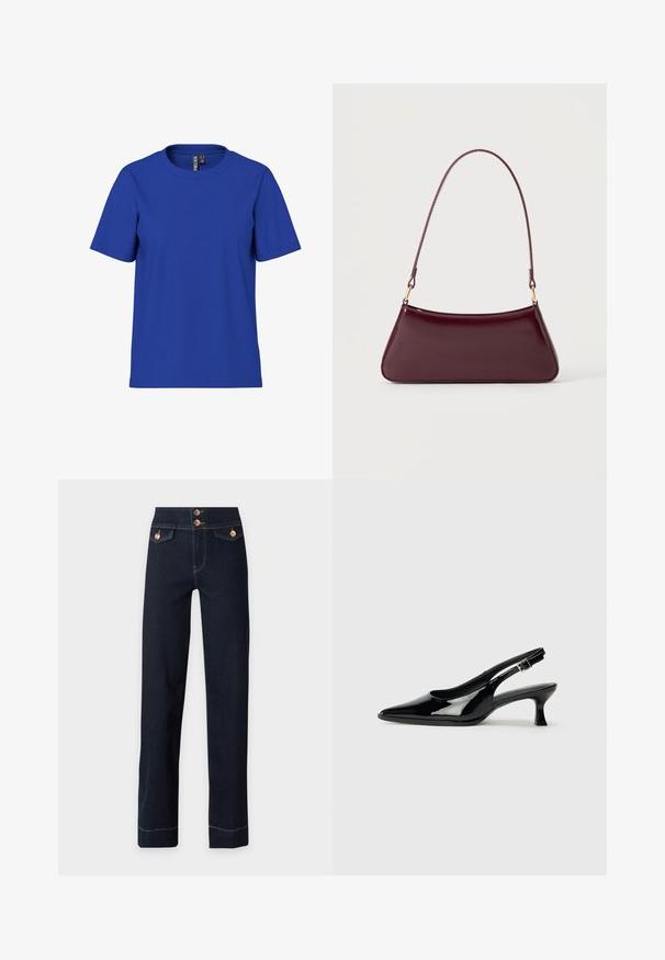 Ensfarvet kongeblå t-shirt med korte ærmer og rund halsudskæring, afslappet pasform med synlige tøjmærker inde i halsudskæringen.; Mørkeblå jeans med høj talje, lige ben, kobberknapper, klaplommer foran og synlige gule syninger.; Sorte patenterede slingback-sko med spidse tæer og lav blokhæl. Justerbar spænde-rem ved anklen.; Mørk burgunderglans håndtaske med et enkelt tyndt håndtag og en elegant, trapezformet form på en ensartet lys baggrund.