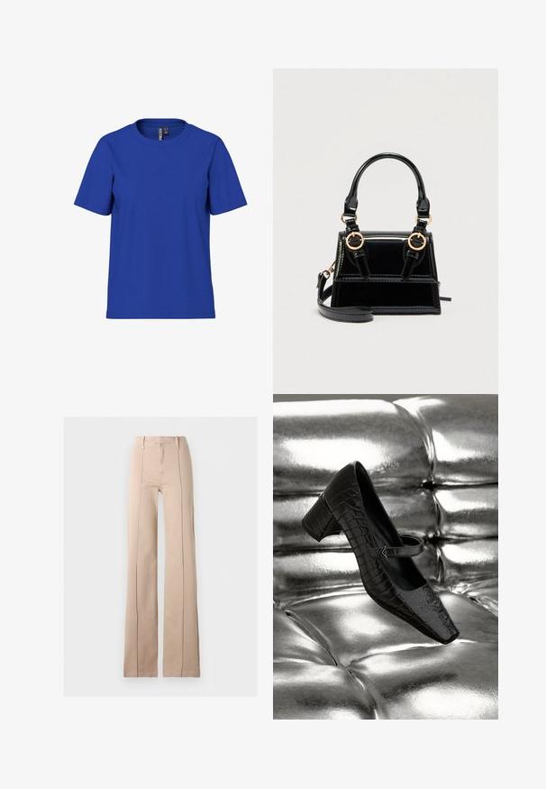 Ensfarvet kongeblå t-shirt med korte ærmer og rund halsudskæring, afslappet pasform med synlige tøjmærker inde i halsudskæringen.; Beige viddebukser med højtaljet snit, forsynede med fremadrettede syninger, bæltestropper og lynlås foran på en ensfarvet baggrund.; Sort krokodille-embossed læder pump med firkantet tå, ankelrem og en chunky hæl, som hviler på en metallisk sølv tekstureret overflade.; Sort håndtaske i laklæder med guldfarvet hardware, dobbelte øverste håndtag og en justerbar skulderrem. Struktureret design med detaljerede syninger.