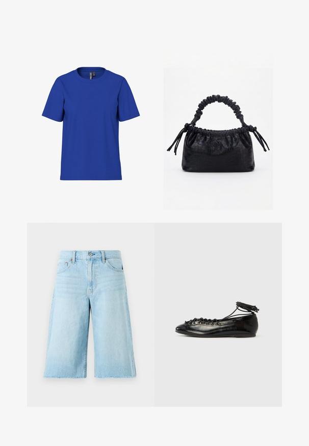 Ensfarvet kongeblå t-shirt med korte ærmer og rund halsudskæring, afslappet pasform med synlige tøjmærker inde i halsudskæringen.; Lyseblå denimshorts med en løs pasform, flosset kant, fem lommer og metalhardware. Klassisk jeansdesign med subtil falming.; Sorte balletflade sko i laklæder med rundet tå, snørelukning og flad sål. Glat tekstur med få detaljer.; Sort taske med krokodilletekstur, rynket øverste kant, samlet hank og snore med kvaster på hver side mod en hvid baggrund.