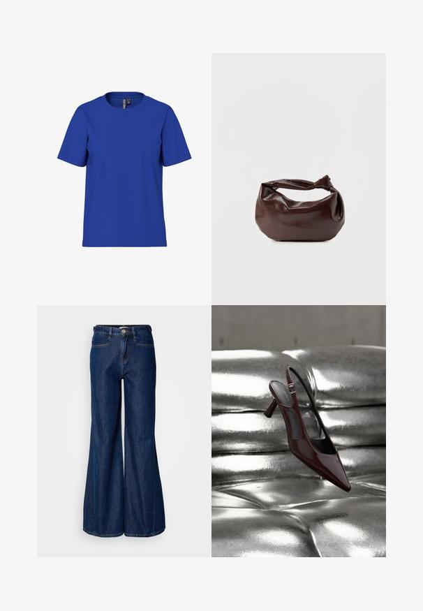 Schlichtes königsblaues T-Shirt mit kurzen Ärmeln und Rundhalsausschnitt, legere Passform mit sichtbaren Markenetiketten im inneren Nackenbereich.; Hochtaillierte, weit geschnittene Jeans aus dunkelblauem Denim mit fünf Taschen und einem metallischen Knopfverschluss. Glatte Textur und subtile Steppdetails.; Glänzender, dunkelroter Slingback-Pumps mit hohem Absatz und spitz zulaufender Vorderkappe, präsentiert auf glänzendem, silbernem, gesteppter Lederoberfläche.; Dunkelbraune Lederschultertasche mit weicher, lockerer Form und einem gedrehten Knotengriff vor schlichtem weißem Hintergrund.