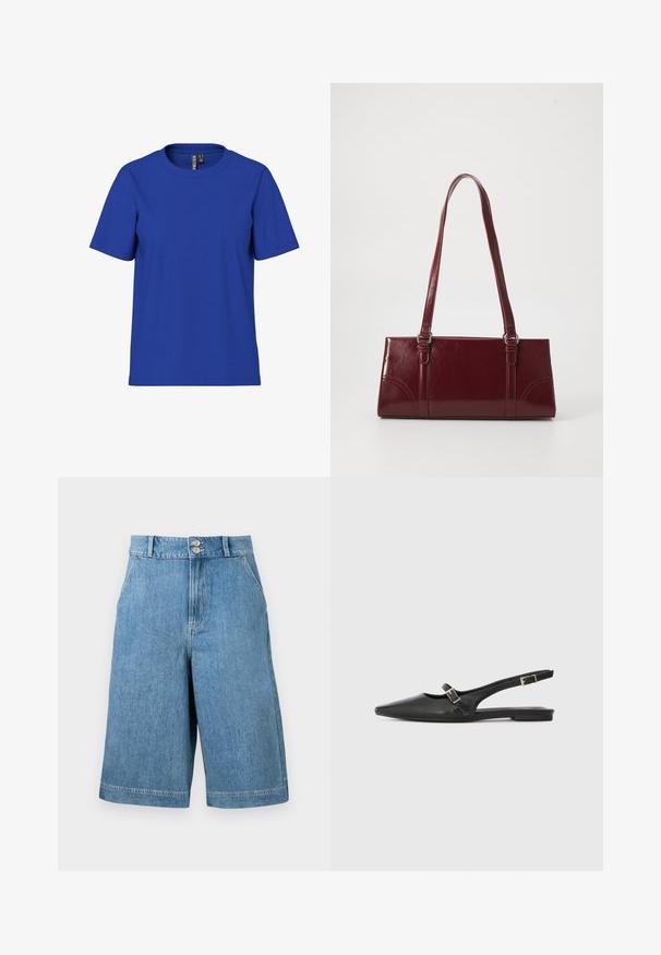 Ensfarvet kongeblå t-shirt med korte ærmer og rund halsudskæring, afslappet pasform med synlige tøjmærker inde i halsudskæringen.; Blå denimshorts med høj talje, vide ben, to forlommer, bæltestropper og dobbelt knaplukning på en ensfarvet baggrund.; Sorte læder slingback-sko med spids tå, med en smal rem og en sølvspænde-detalje på siden. Flad sål.; Bordeaux håndtaske lavet af glansfuldt materiale, rektangulær form, med to skulderremme og subtile buede detaljer på forsiden.