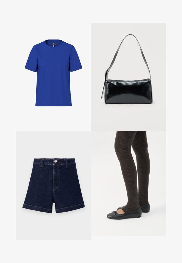 Camiseta sencilla azul royal de manga corta y cuello redondo, ajuste casual con etiquetas visibles en el interior del cuello.; Pantalones cortos de mezclilla azul oscuro con un corte clásico, diseño de cinco bolsillos y costuras amarillas en contraste, con cierre de botón metálico.; Piernas con leggings oscuros acanalados combinados con bailarinas negras que presentan pequeños detalles de lazo sobre un fondo blanco.; Bolso de hombro rectangular negro con una correa ajustable y un cierre de cremallera superior sobre un fondo liso.