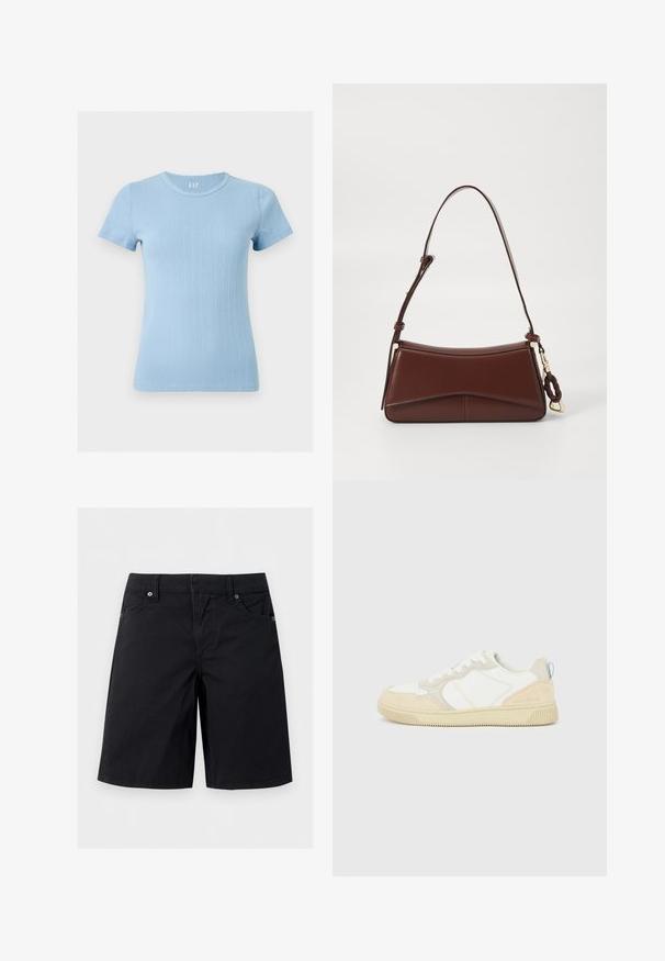 Top en maille côtelée bleu clair à manches courtes, col rond, silhouette ajustée et texture subtile à rayures verticales perforées.; Short noir longueur genou avec passants de ceinture, bouton et fermeture éclair à l'avant, et deux poches avant sur fond blanc.; Baskets blanches et beiges avec dessus en suède et textile, présentant des coutures contrastées, une semelle en caoutchouc et un accent bleu clair sur le talon.; Sac à main en cuir marron avec une silhouette incurvée, une seule sangle et des garnitures en or. Il présente un accent tressé et une texture lisse et mate.