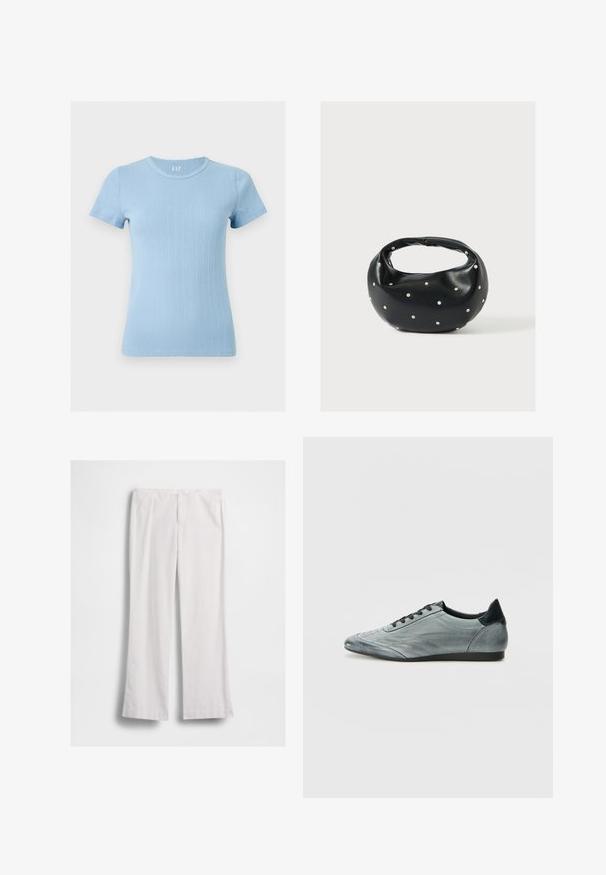 Top en maille côtelée bleu clair à manches courtes, col rond, silhouette ajustée et texture subtile à rayures verticales perforées.; Pantalon blanc à jambes droites avec fermeture éclair et bouton à l'avant, présenté à plat sur fond blanc.; Baskets en cuir gris clair au design épuré, avec des détails cousus, des lacets noirs et un accent de talon foncé. Semelle en caoutchouc.; Sac à main en cuir noir de forme arrondie, décoré de clous argentés et équipé d'une poignée courte. Texture lisse et fermeture éclair.