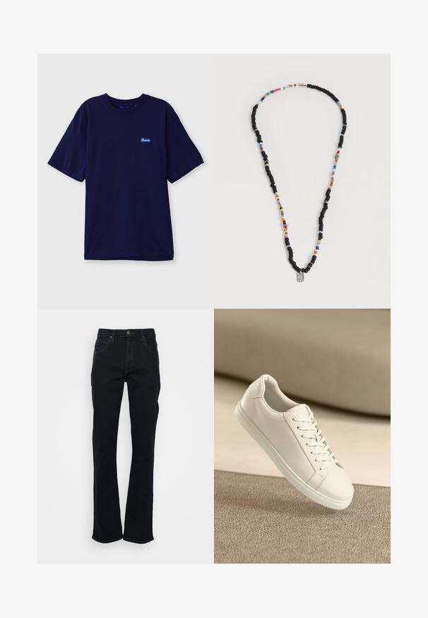 Hemd aus navyblauem Baumwollstoff mit Rundhalsausschnitt, kurzen Ärmeln und einem kleinen rechteckigen Markenetikett in Blau und Weiß auf der linken Brust.; Schwarze Jeans mit geradem Bein, Fünf-Taschen-Design, Knopf- und Reißverschluss sowie sichtbaren Nähten auf weißem Hintergrund.; Weißes Leder Sneaker mit weißen Schnürsenkeln, auf einer beigefarbenen strukturierten Oberfläche präsentiert, und einem sanft verschwommenen Hintergrund.; Halskette mit abwechselnden schwarzen und mehrfarbigen Perlen, kleinen Silberringen und einem rechteckigen klaren Perlenanhänger.