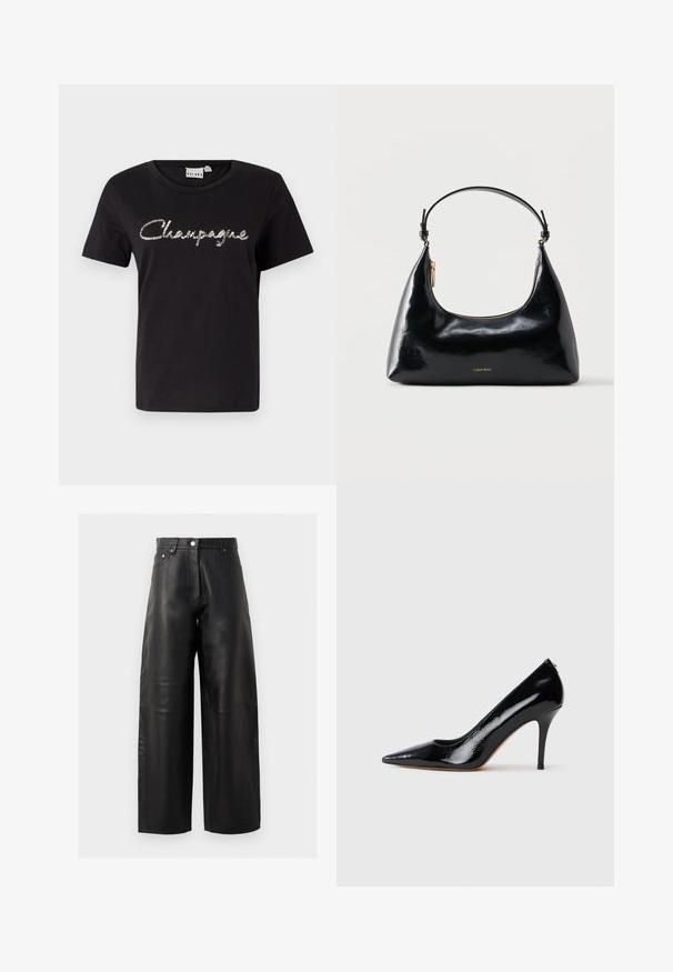 Zwarte katoenen t-shirt met korte mouwen, ronde hals en een zilveren, glinsterende tekstontwerp "Champagne" op de voorkant.; Zwarte leren brede broek met een hoge taille, voorzakken en subtiele stiksels. De gladde textuur versterkt het ontwerp.; Zwarte lakleren pumps met hoge hak en een spits toelopende neus, met een gladde textuur en een slanke naaldhak. Geen zichtbaar metaalwerk.; Zwarte glanzende Calvin Klein handtas met gouden rits en korte band tegen een effen witte achtergrond.