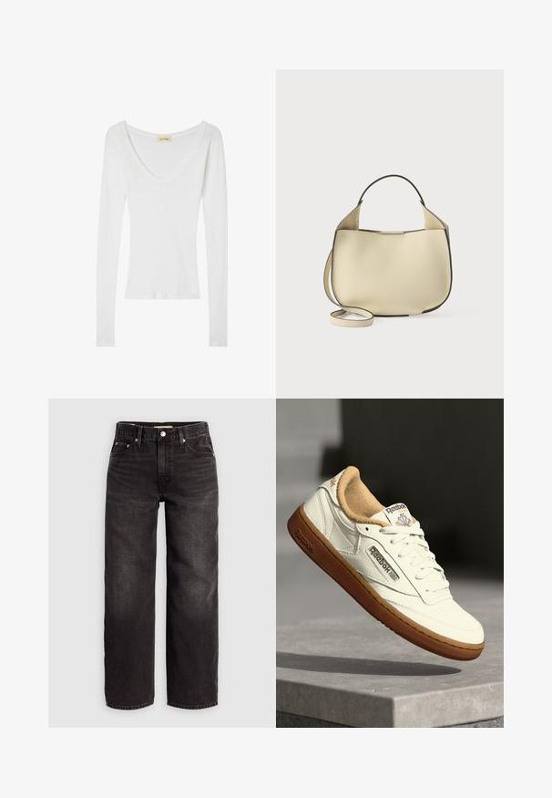 Hvid langærmet top med v-hals, lavet af blødt, let materiale. Har en tætsiddende silhuet med minimale sømme og ingen udsmykninger.; Levi's® BAGGY DAD - Baggy jeans - shrink up; Reebok klassisk sneakers med en hvid læderoverdel, tan-foring og brun gummisål. Designet inkluderer logo-detaljer og snørebånd.; Cremefarvet læderhandtaske med en tekstureret overflade, rund form, sort kant, kort håndtag og en lang justerbar rem. Lukning ikke synlig.
