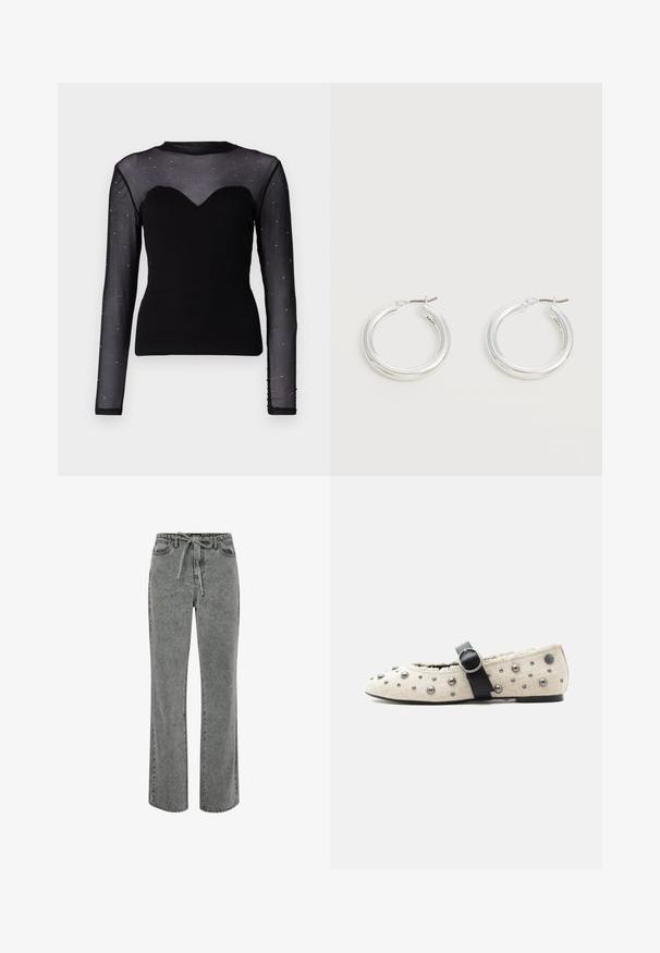 Must must sleeves top, mille tagasiside. Pehme tees, shabby mesh ülaosa, lillekuju dekoltee ning hõbedased detailid varrukatel.; Hallitus hallid teksad, lõdva istuvusega, paelaga vöökoht ja sirged sääred. Omab viit taskut ja nähtavaid õmbluse detaile.; Beežid tasased kingad musta pandlaga, hõbedaste naeltega ja tekstureeritud äärega avause ümber.; Keskmise suurusega läikivad hõbedased rõngakujulised kõrvarõngad õhukeste metallist kinnitustega heledal neutraalsel taustal.