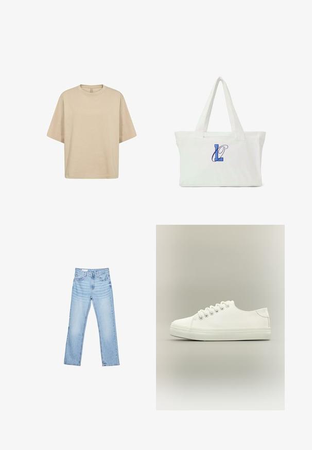 T-shirt en coton beige oversize à manches courtes, avec un col rond et une texture lisse. Pas de logos ou motifs visibles.; Jeans en denim bleu clair avec une coupe droite, un design à cinq poches et des coutures visibles. Taille mi-haute avec une fermeture classique à bouton et zip.; Baskets basses blanches avec lacets blancs et semelle en caoutchouc, vues de côté sur un fond neutre.; Sac en toile de coton blanc, avec les lettres brodées "L" et "O" en bleu. Comprend de longues poignées et une fermeture éclair en haut.