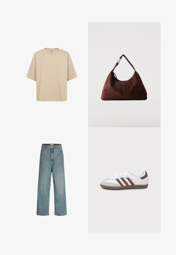 T-shirt en coton beige oversize à manches courtes, avec un col rond et une texture lisse. Pas de logos ou motifs visibles.; Jean large taille haute bleu clair avec fermeture à boutons sur le devant, passants pour ceinture et design classique à cinq poches.; Basket Adidas Samba blanche et marron avec trois bandes marron, lacets et semelle texturée, vue de côté sur fond uni.; Sac bandoulière en daim marron doux avec une seule lanière et des accessoires métalliques argentés sur un fond clair uni.