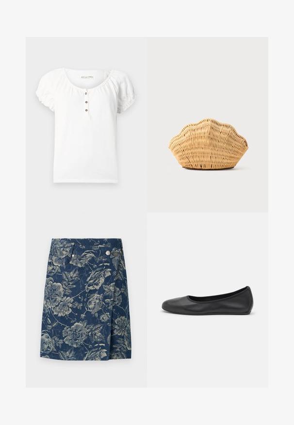 Chemisier blanc à manches courtes avec manches froncées, col rond et trois boutons marron au centre devant.; Jupe portefeuille en denim avec motif floral bleu et beige, dotée de deux boutons-pression argentés et d'un panneau avant asymétrique.; Ballerines en cuir noir avec un bout rond, texture lisse, détails de couture minimalistes et design de semelle flexible.; Sac à main en rotin tissé en forme de coquille Saint-Jacques de couleur brun clair naturel avec des bords arrondis et texturés.