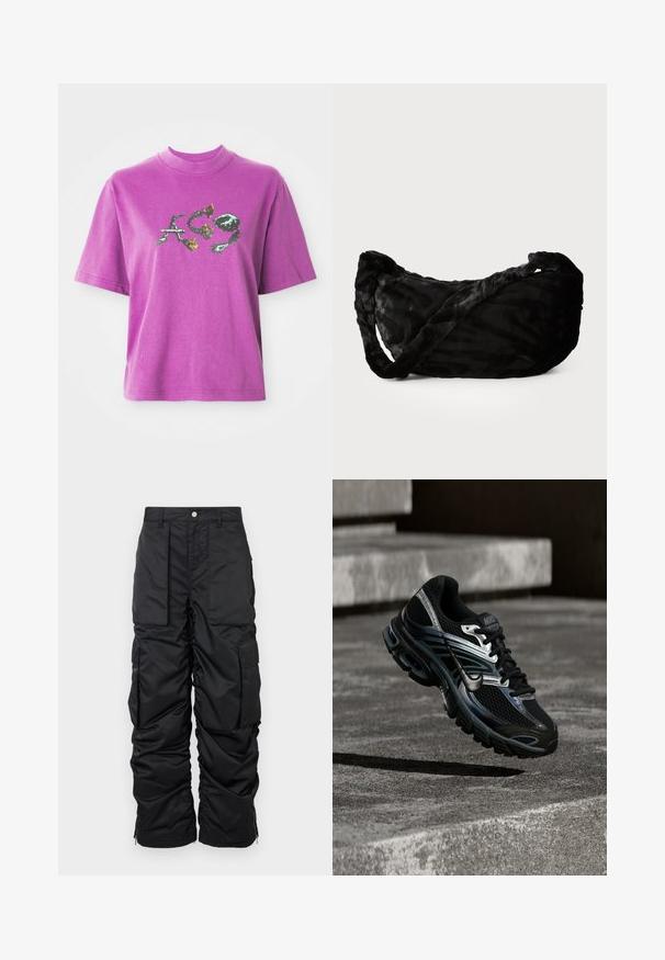 Camiseta corta de mangas moradas con un cuello alto y un diseño gráfico de letras estilizadas "A", "C" y "9" con elementos florales y espinosos.; Pantalones cargo negros aislados con una textura suave, que cuentan con múltiples bolsillos, un dobladillo con cremallera y un cierre de botón en la cintura.; Zapatilla de running Nike negra y plateada flotando sobre escalones de hormigón, mostrando diseño detallado y suela texturizada en un entorno exterior.; Bolso de tela negra con un patrón texturizado de ondas, que presenta un asa trenzada y forma redondeada. Material suave y aterciopelado que proporciona una sensación táctil.