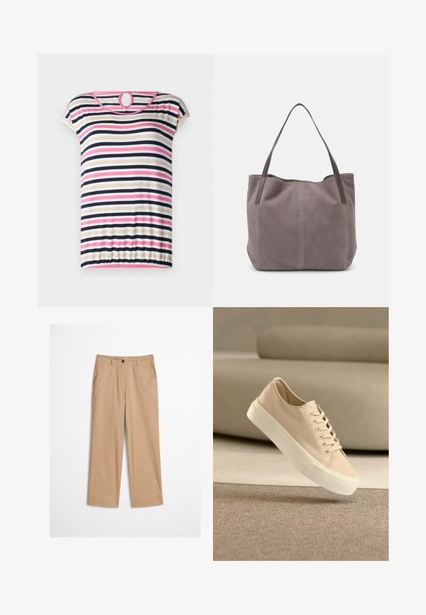 Stripet t-shirt med korte ærmer i beige, navy, pink og hvid; har en rund halsudskæring med en nøglehul i ryggen og en samlet søm.; Beige bomuldsbukser med lige ben, knaplukning foran og en glat tekstur. Har standard bærestropper og flad frontdesign.; Beige lærredsneaker med hvid tyk gummisål, placeret oven på et tekstureret beige tæppe og med en rundet beige sofa i baggrunden.; Grå ruskind tote taske med to mørke læderhåndtag. Har stikninger på siderne, blød tekstur og en rummelig åbning.