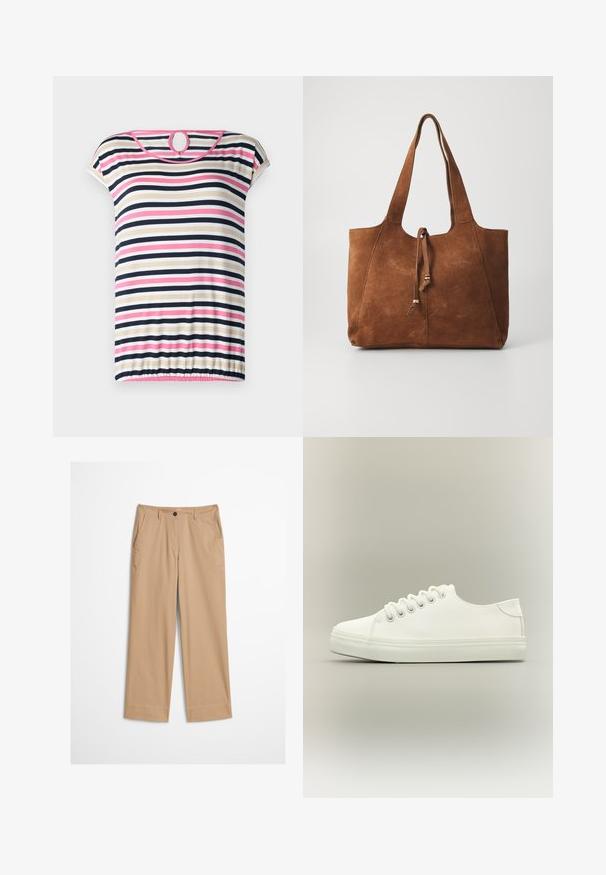 Stripet t-shirt med korte ærmer i beige, navy, pink og hvid; har en rund halsudskæring med en nøglehul i ryggen og en samlet søm.; Beige bomuldsbukser med lige ben, knaplukning foran og en glat tekstur. Har standard bærestropper og flad frontdesign.; Hvid lavtop sneaker med hvide snørebånd og gummisål vist fra siden på en neutral baggrund.; Brun ruskinds tote bag med to lange håndtag, snøre lukning og glat tekstur. Har et enkelt design og minimale accenter.