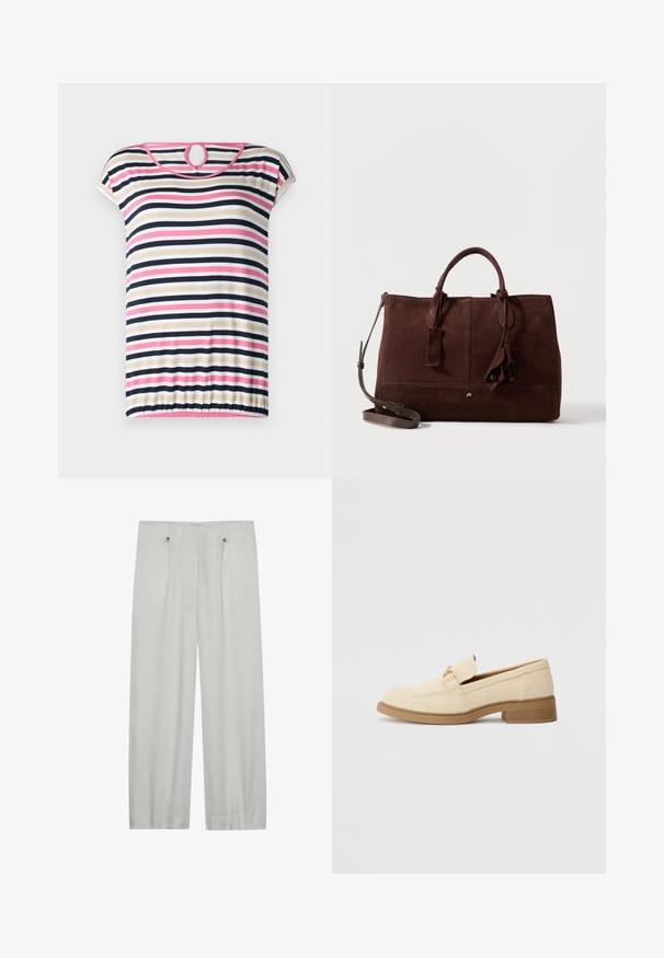 Stripet t-shirt med korte ærmer i beige, navy, pink og hvid; har en rund halsudskæring med en nøglehul i ryggen og en samlet søm.; Lys grå, vid benbukser lavet af et blødt stof. Har to frontfolder, to knaplukninger og en glat tekstur.; Beige tekstil loafers med en lav blokhæl, der har et syet design og en dekorativ hardware accent i guldtoner på overdelen.; Mørkebrun ruskindshåndtaske med dobbelt håndtag, aftagelig skulderrem, syninger og dekorative læderkvaster på hvid baggrund.