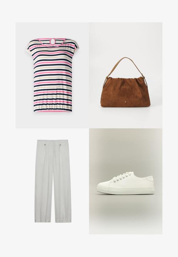 Stripet t-shirt med korte ærmer i beige, navy, pink og hvid; har en rund halsudskæring med en nøglehul i ryggen og en samlet søm.; Lys grå, vid benbukser lavet af et blødt stof. Har to frontfolder, to knaplukninger og en glat tekstur.; Hvid lavtop sneaker med hvide snørebånd og gummisål vist fra siden på en neutral baggrund.; Brun ruskind handbag med en samlet design, der har en enkelt tan læderstrop og en subtil guld logo detalje på fronten.