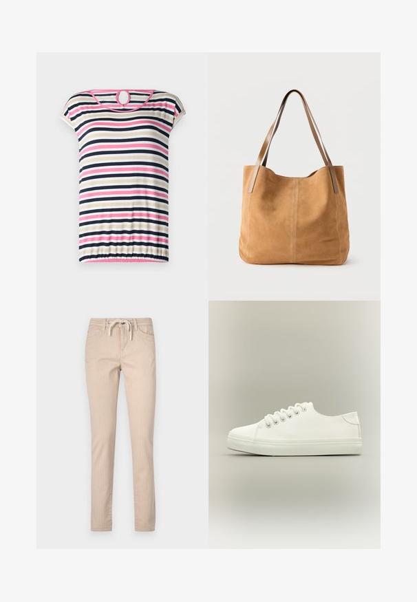 Stripet t-shirt med korte ærmer i beige, navy, pink og hvid; har en rund halsudskæring med en nøglehul i ryggen og en samlet søm.; Beige stribede bomuldsbukser med elastisk talje, tapered ben og to forlommer. Glat tekstur, afslappet design.; Hvid lavtop sneaker med hvide snørebånd og gummisål vist fra siden på en neutral baggrund.; Beige ruskindtaske med lange lysebrune læderstropper, blød tekstur og enkel syning på en ensfarvet hvid baggrund.
