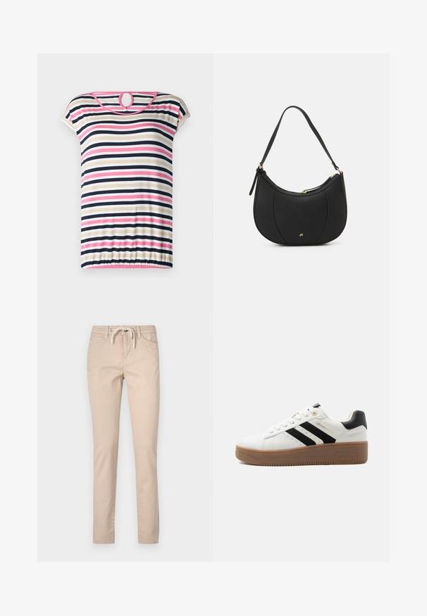 Stripet t-shirt med korte ærmer i beige, navy, pink og hvid; har en rund halsudskæring med en nøglehul i ryggen og en samlet søm.; Beige stribede bomuldsbukser med elastisk talje, tapered ben og to forlommer. Glat tekstur, afslappet design.; Hvid lavsko med sorte striber, brun gummiydersål, snørelukning foran og polstret sort hælkappe.; Sort læderhåndtaske med en buet form, struktureret overflade, forreste syninger og et logo i guldfarve. Har en enkelt justerbar rem.