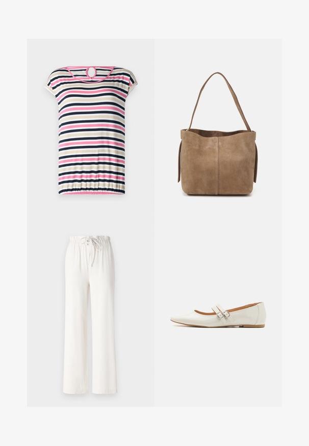 Stripet t-shirt med korte ærmer i beige, navy, pink og hvid; har en rund halsudskæring med en nøglehul i ryggen og en samlet søm.; Hvide brede bukser lavet af blødt stof, med snoreliv og glat tekstur. Ingen mønstre eller pynt synlige.; Hvide patentlæder flade sko med spids tå, to dekorative stropper med sølvspænder og en diskret brun sål.; Brun ruskinds tote taske med en blød overflade, åben top og en enkelt skulderrem. Har en glat finish og minimal detaljer.