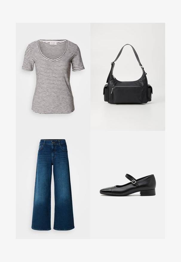Gestreepte t-shirt met korte mouwen en v-hals in het wit met marineblauwe strepen. Zacht stof, relaxed pasvorm en stiksels langs de halslijn en mouwen.; Wijde jeans van donkerblauwe denim. Heeft een hoge taille, knoopsluiting en klassiek vijf-vakken ontwerp met subtiele vervaging.; Zwarte leren Mary Jane schoenen met een gepatenteerde neus, verstelbare enkelband en lage blokhak. Een gladde textuur en een elegante uitstraling.; Zwarte leren schoudertas met een ronde vorm, een ritsvak aan de voorkant en dubbele zijvakjes. Voorzien van een enkele verstelbare schouderriem.
