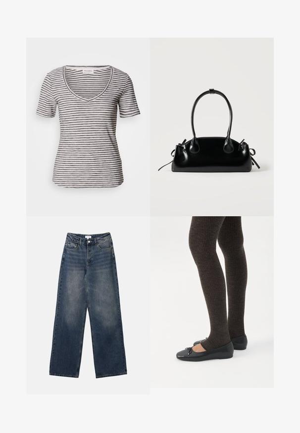 Stribet kortærmet v-hals t-shirt i hvid med marineblå striber. Blødt stof, afslappet pasform og syninger langs halsudskæringen og ærmerne.; Mænds højtaljede blå denim jeans med brede ben, frontknap og lynlås samt for- og baglommer.; Ben iført mørke ribbede leggings kombineret med sorte balletsko med små sløjfedetaljer på hvid baggrund.; Lille sort blank håndtaske med to lange håndtag og snøre-detaljer i siden på en ensfarvet lys baggrund.