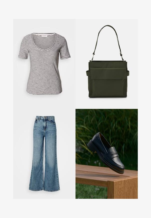 Gestreiftes Kurzarm-V-Ausschnitt-T-Shirt in Weiß mit marineblauen Streifen. Weicher Stoff, lockere Passform und eine Naht entlang des Ausschnitts und der Ärmel.; Hoch taillierte, hellblaue weite Jeans mit Fronttaschen und Knopfverschluss, vor einem schlichten weißen Hintergrund gezeigt.; Schwarze Lederloafer mit glatter Textur, einem genähten Design und niedrigem Absatz, präsentiert auf einer Holzoberfläche mit grünem Hintergrund.; Olivgrüne Einkaufstasche aus robustem Stoff mit rechteckiger Form, ausgestattet mit einer Fronttasche mit Klappe und einem verstellbaren Schultergurt.
