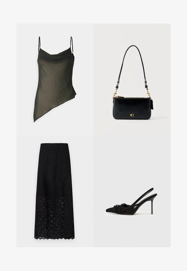 Débardeur asymétrique noir avec des bretelles fines, un tissu drapé et une texture douce. Caractéristiques d'une silhouette fluide avec un ourlet net d'un côté.; Jupe midi en dentelle noire avec un motif floral texturé et un ourlet en scallop. Dispose d'une taille élastique pour plus de confort.; Escarpins à bout pointu en daim noir avec bride arrière, lanières croisées et talon aiguille fin, ornés d'un détail argenté.; Sac d'épaule en cuir noir avec fermeture éclair dorée, détail de fermoir doré et bandoulière réglable sur un fond clair uni.