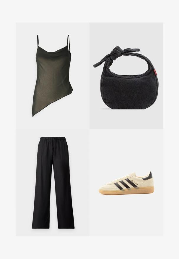 Débardeur asymétrique noir avec des bretelles fines, un tissu drapé et une texture douce. Caractéristiques d'une silhouette fluide avec un ourlet net d'un côté.; Pantalons larges noirs en tissu léger, dotés d'une taille élastique avec cordon de serrage et d'une texture lisse.; Baskets en daim crème avec des rayures noires, semelle en gomme, languette noire au talon et texte doré "SPEZIAL" sur le côté.; Petit sac d'épaule en denim noir avec une sangle nouée et une fermeture éclair, arborant une étiquette en tissu rouge Levi's sur le côté.