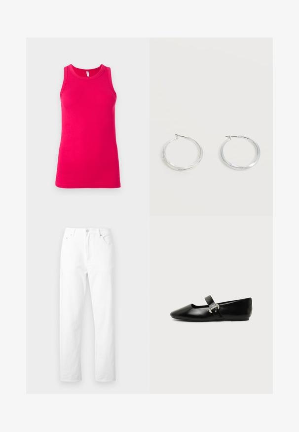 Débardeur rose cintré en coton. Il présente un col rond et de larges bretelles, avec une texture lisse et extensible.; Jean denim blanc à jambes droites avec poches avant, passants pour ceinture et fermeture par bouton, présenté sur un fond blanc uni.; Chaussure plate Mary Jane en cuir noir avec bout arrondi et bride à boucle argentée sur fond uni.; Boucles d’oreilles créoles en métal argenté avec une surface lisse légèrement incurvée et des fermoirs à clapet sur un fond blanc uni.