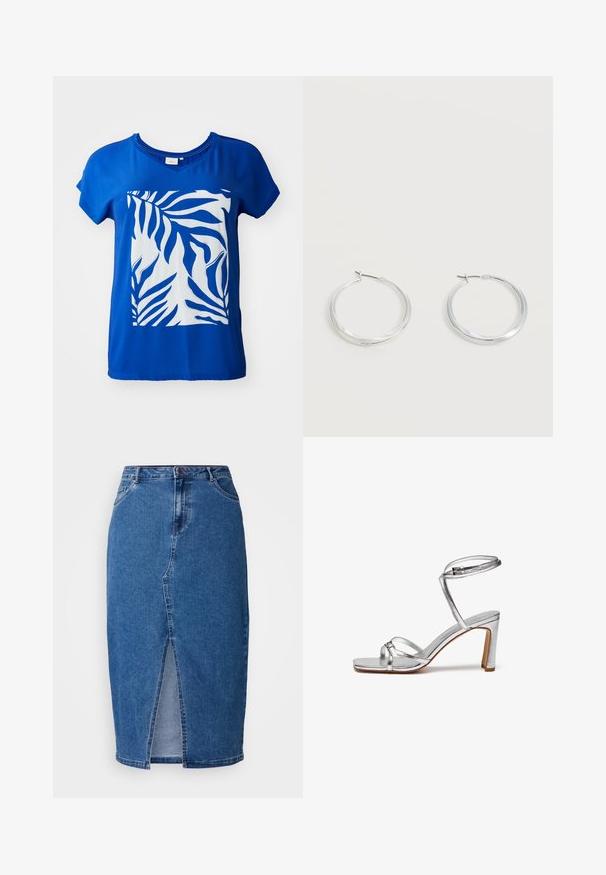 Blå kortærmet T-shirt med et stort hvidt zebra-bladtryk foran. Glat stof med en afslappet pasform og V-hals-design.; Denim nederdel i mellemblå med en frontslids, høj talje, fem lommer og bæltesløjfer. Stoffet har en tekstureret finish.; Sølv højhælede sandaler med firkantet tå, tynd ankelrem og vampremme. Glat metallisk finish med en 3-tommer blokhæl.; Sølvfarvede metaloorringe med glat, let buet overflade og låsemekanisme på en ensfarvet hvid baggrund.