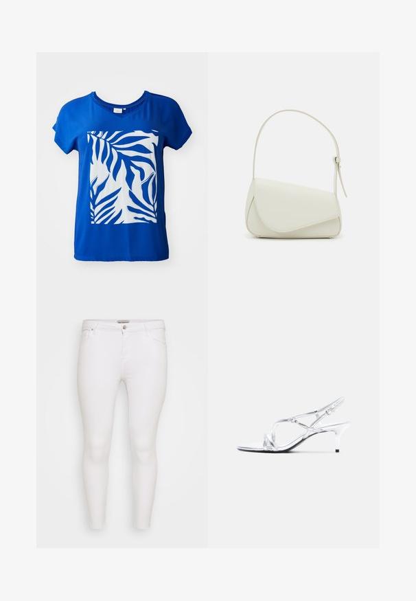 Blå kortærmet T-shirt med et stort hvidt zebra-bladtryk foran. Glat stof med en afslappet pasform og V-hals-design.; Hvide skinny jeans lavet af denim med en glat overflade. Har et standard fem-lomme design og metalknaplukning.; Sølvfarvet sandal med tynde stropper og en slank hæl, lavet af skinnende materiale, åben tå og en justerbar ankelrem.; Hvid taske i faux læder med en struktureret trekantet form, enkelt justerbart skulderstrop og en flaplås med kurver.