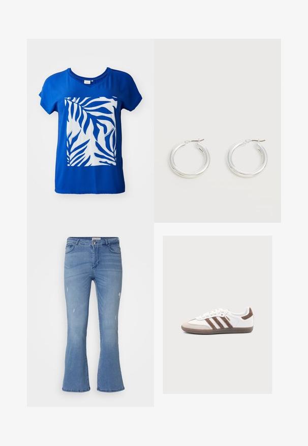 Blå kortærmet T-shirt med et stort hvidt zebra-bladtryk foran. Glat stof med en afslappet pasform og V-hals-design.; Lyseblå, udsvingende jeans med en falmet finish. Har mindre slidte områder, fem-lomme design og en knaplukning. Lavet af bomuldsmateriale.; Hvid Adidas Samba sneaker med brune ruskindstriber, brun ruskindstå og gummisål på en lys grå baggrund.; Par mellemstore skinnende sølv hoops øreringe med tynde metal spænder på en lys neutral baggrund.