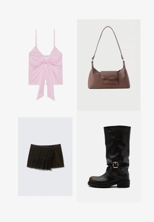 Top sans manches rose avec un détail de nœud à l'avant, doté de fines bretelles et d'une texture douce et lisse. Design décontracté avec une coupe légèrement ample.; Jupe en denim noir avec un design plissé comportant cinq plis verticaux, une taille et une texture lisse. Aucun matériel supplémentaire visible.; Botte haute en cuir noir avec bout arrondi, talon bas, bride à boucle latérale et tige légèrement relâchée sur fond blanc.; Sac à bandoulière en cuir marron avec une poche à rabat avant ornée d'un détail en forme de nœud cousu et une sangle réglable.