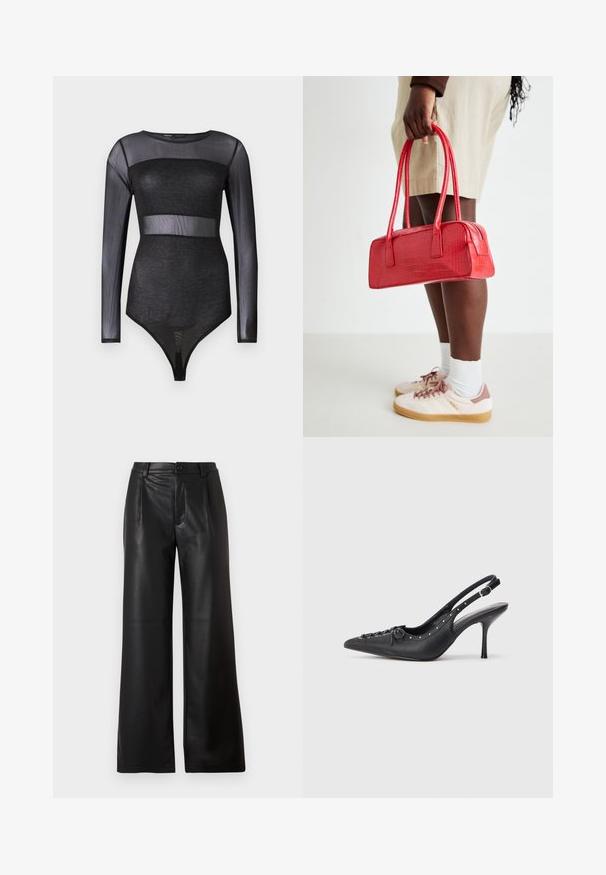 Body noir transparent à manches longues avec un panneau opaque scintillant au niveau de la poitrine et de la taille, style ajusté, encolure ronde.; Pantalons larges noirs en cuir lisse avec une fermeture à bouton à l'avant et deux poches diagonales sur les côtés avant.; Escarpin en cuir noir à talon aiguille avec un bout pointu, une bride latérale à boucle, des clous le long du bord et un laçage décoratif à l'avant.; Sac à main rouge en cuir gaufré crocodile avec deux poignées et fermeture éclair. Forme rectangulaire, texture lisse et finition brillante.