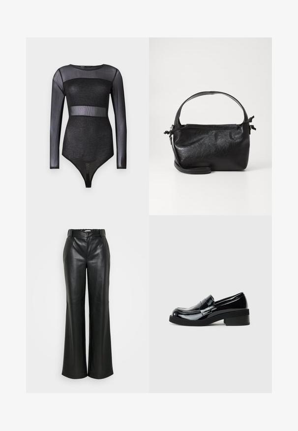 Body noir transparent à manches longues avec un panneau opaque scintillant au niveau de la poitrine et de la taille, style ajusté, encolure ronde.; ONLY Tall ONLSMOOTH WIDE - Pantalon classique - black; Mocassins en cuir verni noir avec un bout rond, un petit talon carré et une finition lisse et brillante. Présente une sangle décorative à l'avant.; Sac à main en cuir noir au design structuré, avec une poignée arrondie et une bandoulière amovible. Présente une texture lisse et un éclat subtil.