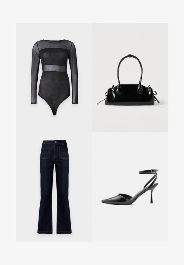 Body noir transparent à manches longues avec un panneau opaque scintillant au niveau de la poitrine et de la taille, style ajusté, encolure ronde.; Jeans évasés bleu foncé en denim, dotés d'une taille haute, de deux poches arrière et de coutures visibles le long des coutures.; Escarpin noir à bout pointu avec fines brides de cheville et fermeture à boucle argentée sur fond clair uni.; Petit sac à main noir brillant avec deux longues anses et des détails à cordon sur les côtés sur un fond clair uni.