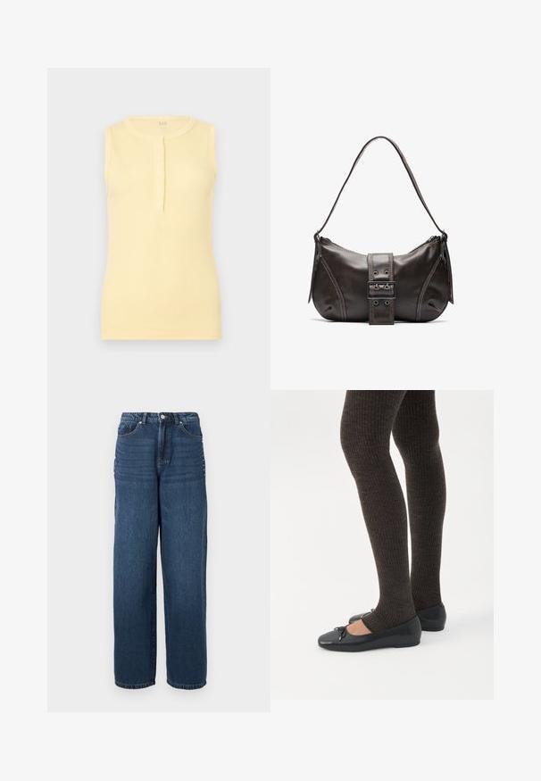 Débardeur jaune côtelé sans manches avec un col rond et une patte de boutonnage à l'avant comportant quatre boutons.; Jean en denim bleu foncé avec une coupe ample, un design à cinq poches et une fermeture à bouton avec des accents en métal le long des coutures latérales.; Jambes portant des leggings côtelés foncés associés à des ballerines noires avec de petits détails en nœud sur fond blanc.; Sac à épaule en cuir marron avec une forme courbée, présentant un détail de boucle proéminent, des coutures contrastantes et une seule bandoulière.