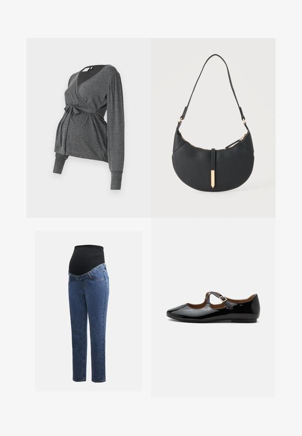 Grå, langærmet indpakningsbluse lavet af blødt materiale, med v-hals og bindebånd i taljen. Ærmerne har en let puffdetalje.; Graviditetsjeans med ben i blå denim og en sort strækbare abdominalpanel designet til at støtte og dække en voksende mave.; Sort laklæder Mary Jane-flad sko med to udskæringer og en guldbuckelrem på hvid baggrund.; Sort håndtaske formet som en halvmåne med en enkelt rem, guld lynlås og en guldfarvet rektangulær dekorativ fane foran.